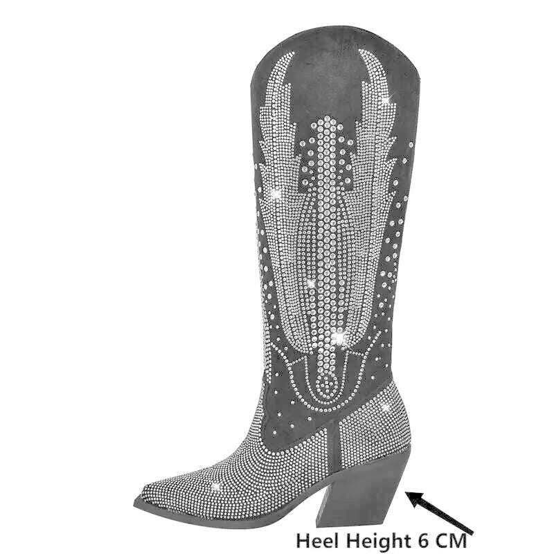 Onlymaker Women Black Knee High Rhinestone Boots Western Cowboy Boots Glitter Bling Shiny Block Heel Handmade Boots - KIMLUD