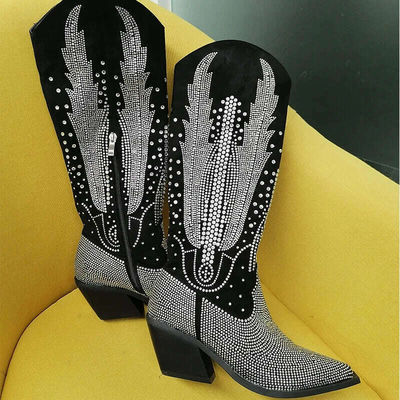 Onlymaker Women Black Knee High Rhinestone Boots Western Cowboy Boots Glitter Bling Shiny Block Heel Handmade Boots - KIMLUD