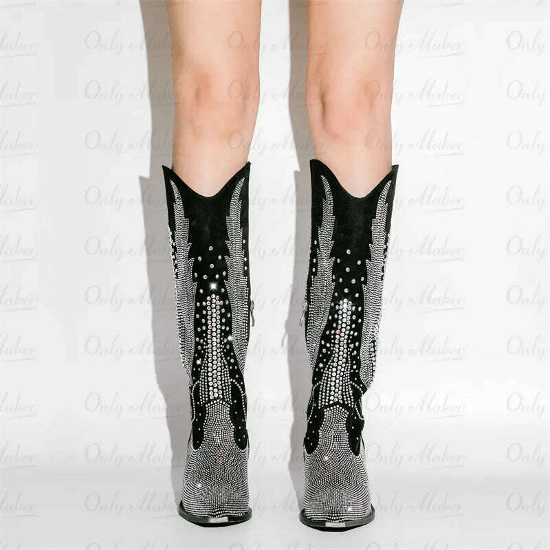 Onlymaker Women Black Knee High Rhinestone Boots Western Cowboy Boots Glitter Bling Shiny Block Heel Handmade Boots - KIMLUD