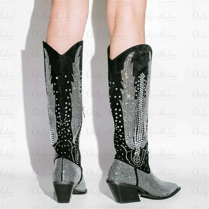 Onlymaker Women Black Knee High Rhinestone Boots Western Cowboy Boots Glitter Bling Shiny Block Heel Handmade Boots - KIMLUD