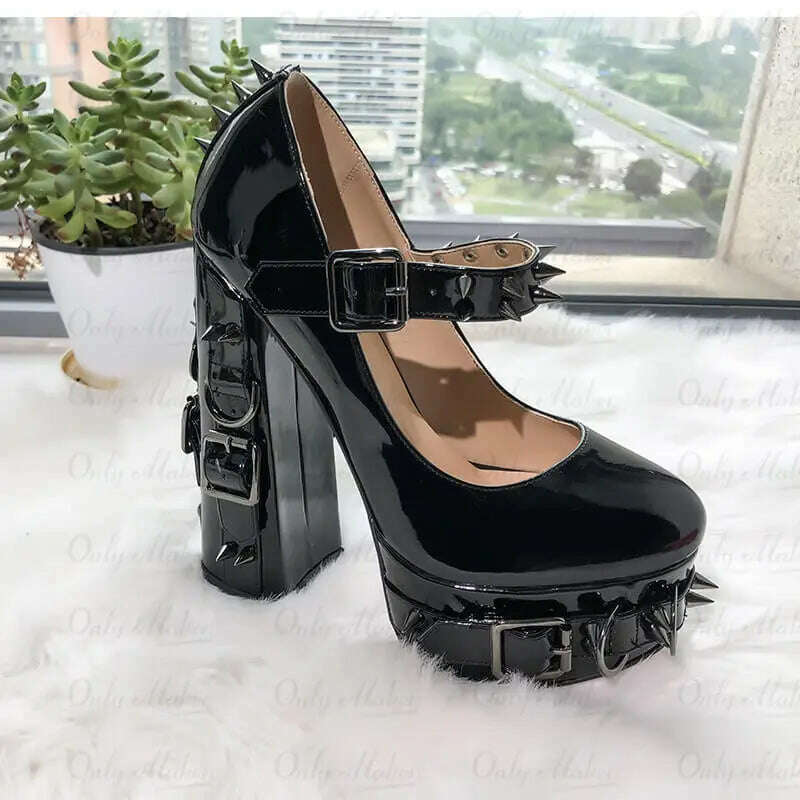 Onlymaker Women Mary-Jane Platform Gothic Buckle Belt Ring Rivet Shinny Chunky High Heels Ankle Strap Heeled Punk Pumps - KIMLUD