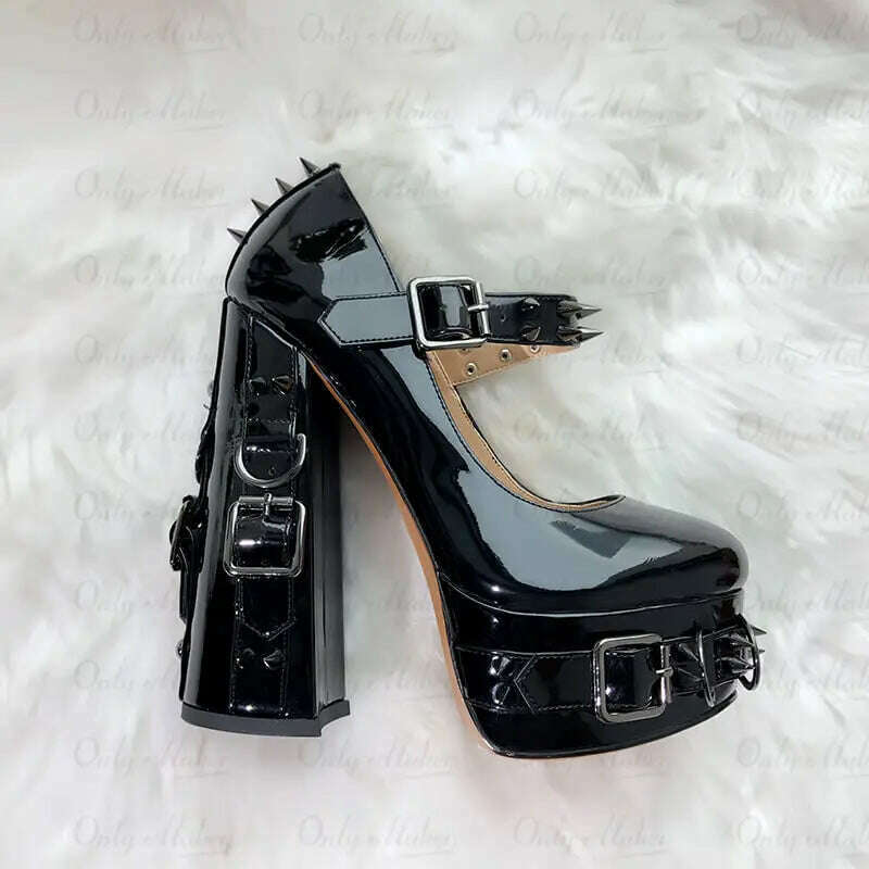 Onlymaker Women Mary-Jane Platform Gothic Buckle Belt Ring Rivet Shinny Chunky High Heels Ankle Strap Heeled Punk Pumps - KIMLUD