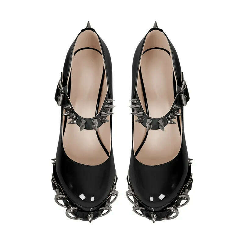 Onlymaker Women Mary-Jane Platform Gothic Buckle Belt Ring Rivet Shinny Chunky High Heels Ankle Strap Heeled Punk Pumps - KIMLUD