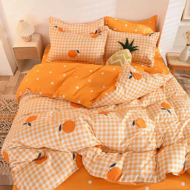 KIMLUD, Orange Bedding Set Girls Boys Bed Linen Sheet Plaid Duvet Cover No Filling 240x220 Single Double Queen King Bedclothes, KIMLUD Womens Clothes