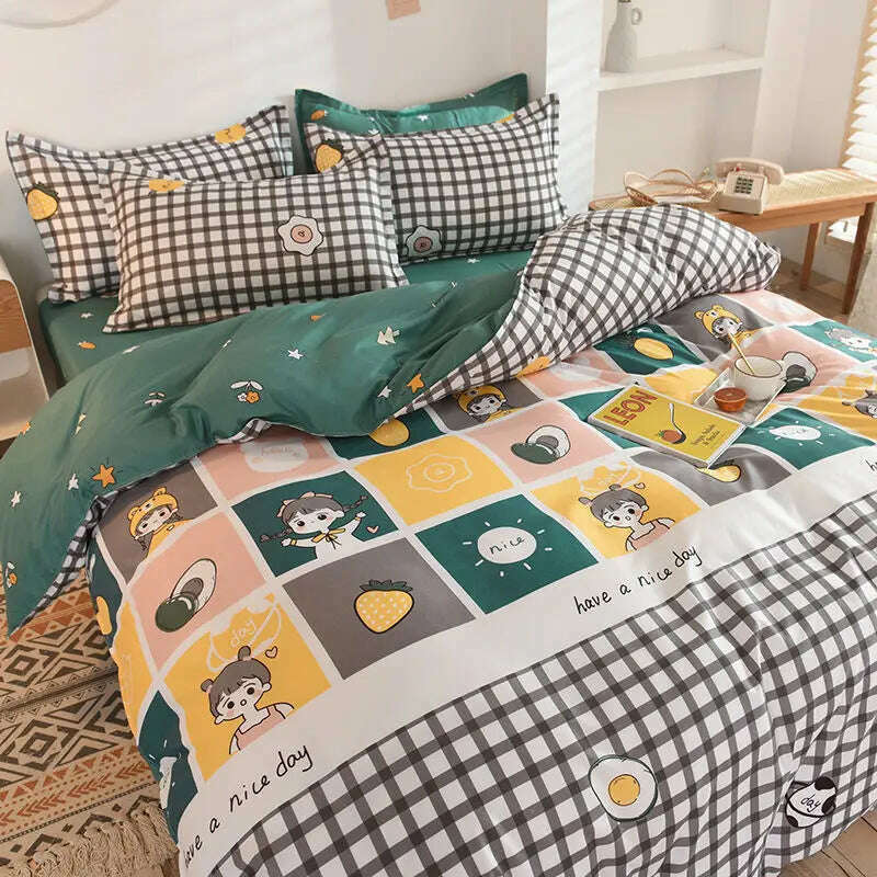 KIMLUD, Orange Bedding Set Girls Boys Bed Linen Sheet Plaid Duvet Cover No Filling 240x220 Single Double Queen King Bedclothes, 018 / Twin 4pcs big sheet, KIMLUD APPAREL - Womens Clothes