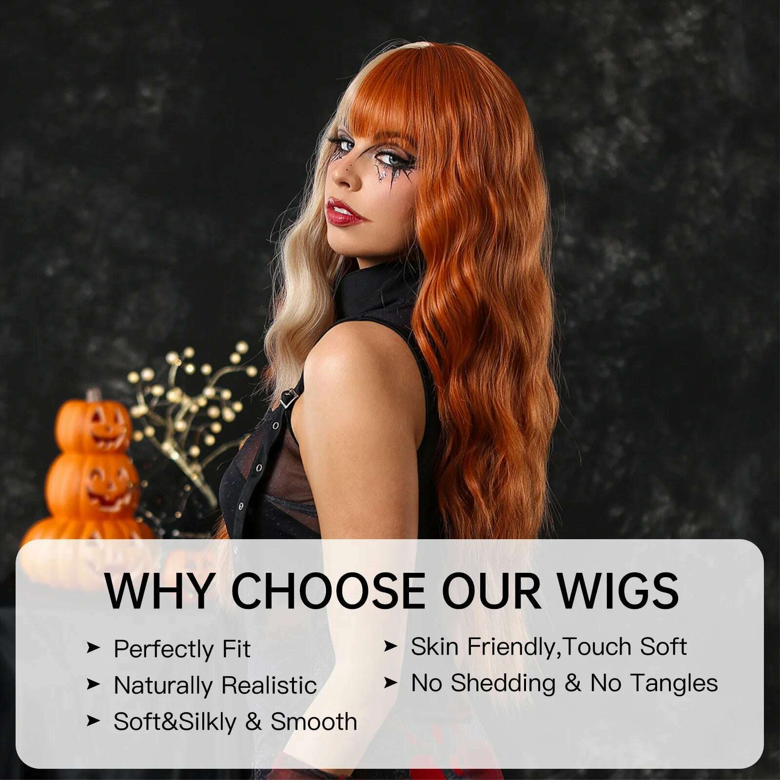 Orange Long Wavy Wig with Bangs Blonde Highlight Wig Natural Wave Holiday Synthetic Hair Wigs Women Heat Resistant Cosplay Wig - KIMLUD