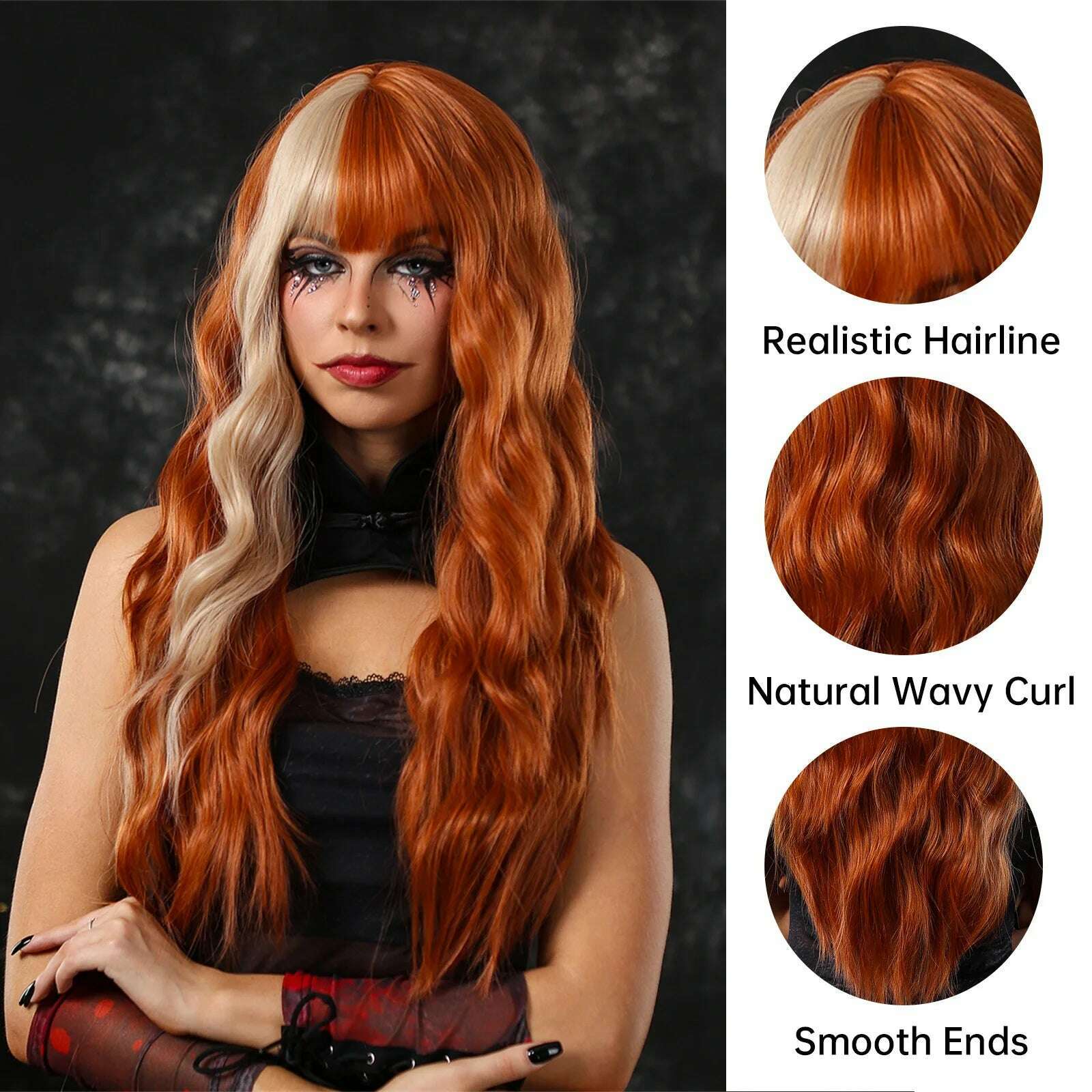 Orange Long Wavy Wig with Bangs Blonde Highlight Wig Natural Wave Holiday Synthetic Hair Wigs Women Heat Resistant Cosplay Wig - KIMLUD