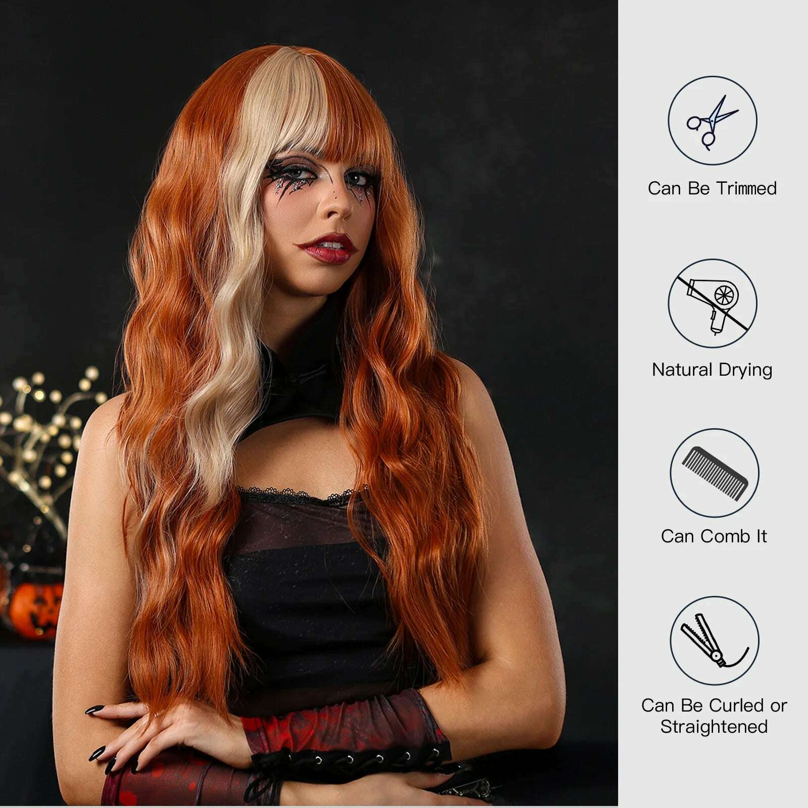 KIMLUD, Orange Long Wavy Wig with Bangs Blonde Highlight Wig Natural Wave Holiday Synthetic Hair Wigs Women Heat Resistant Cosplay Wig, KIMLUD Womens Clothes