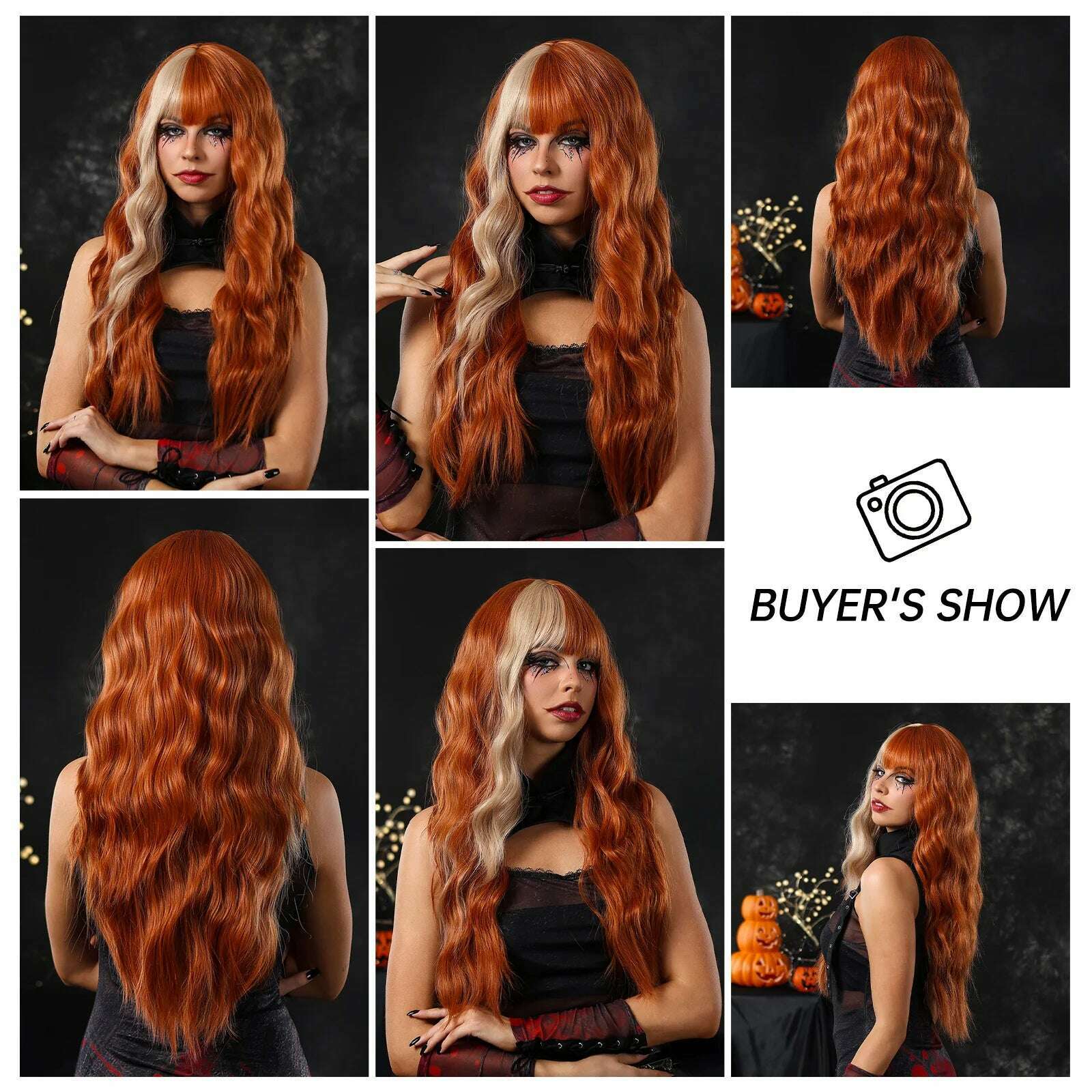 Orange Long Wavy Wig with Bangs Blonde Highlight Wig Natural Wave Holiday Synthetic Hair Wigs Women Heat Resistant Cosplay Wig - KIMLUD