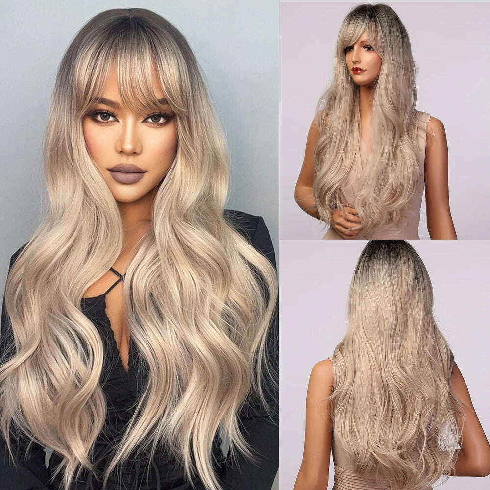 Orange Long Wavy Wig with Bangs Blonde Highlight Wig Natural Wave Holiday Synthetic Hair Wigs Women Heat Resistant Cosplay Wig - KIMLUD