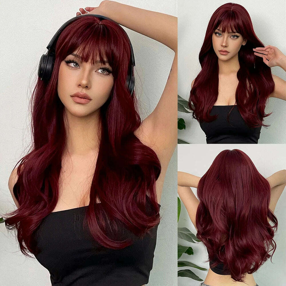 Orange Long Wavy Wig with Bangs Blonde Highlight Wig Natural Wave Holiday Synthetic Hair Wigs Women Heat Resistant Cosplay Wig - KIMLUD