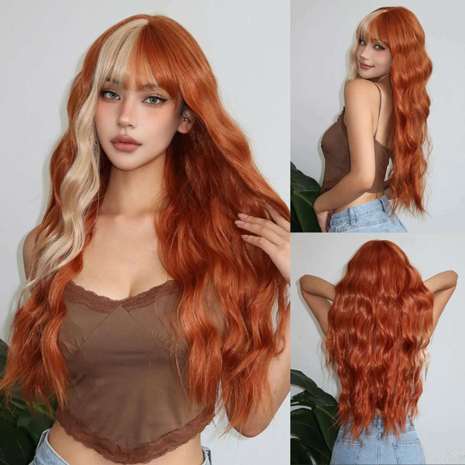 Orange Long Wavy Wig with Bangs Blonde Highlight Wig Natural Wave Holiday Synthetic Hair Wigs Women Heat Resistant Cosplay Wig - KIMLUD