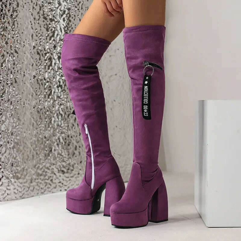 KIMLUD, Orange Purple Navy Blue Platform Overknees Sexy Block High Heeled Women Winter Shoes Plus Size 34-48 Over The Knee Stretch Boots, KIMLUD Womens Clothes