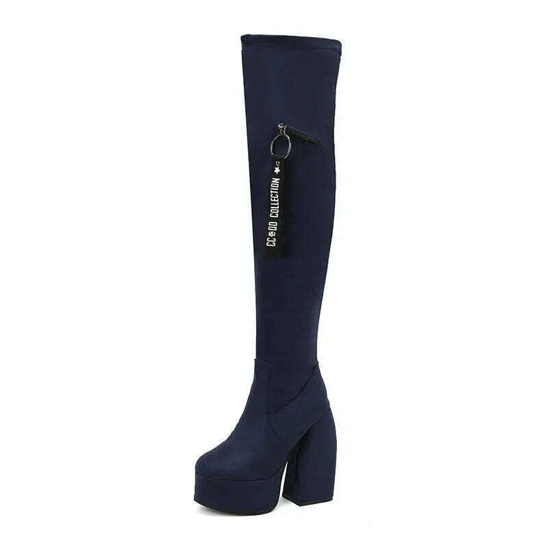 KIMLUD, Orange Purple Navy Blue Platform Overknees Sexy Block High Heeled Women Winter Shoes Plus Size 34-48 Over The Knee Stretch Boots, Blue / 6.5, KIMLUD APPAREL - Womens Clothes