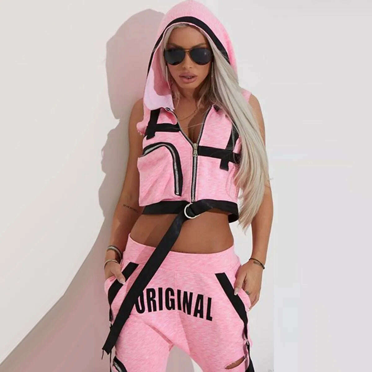 KIMLUD, Oshoplive Fashion Hooded Zipper Vest&amp;Hole Pants Suits Women Casual Spring&amp;Autumn Sportswear Sleeveless Sweatpants For Women, PINK / S, KIMLUD APPAREL - Womens Clothes