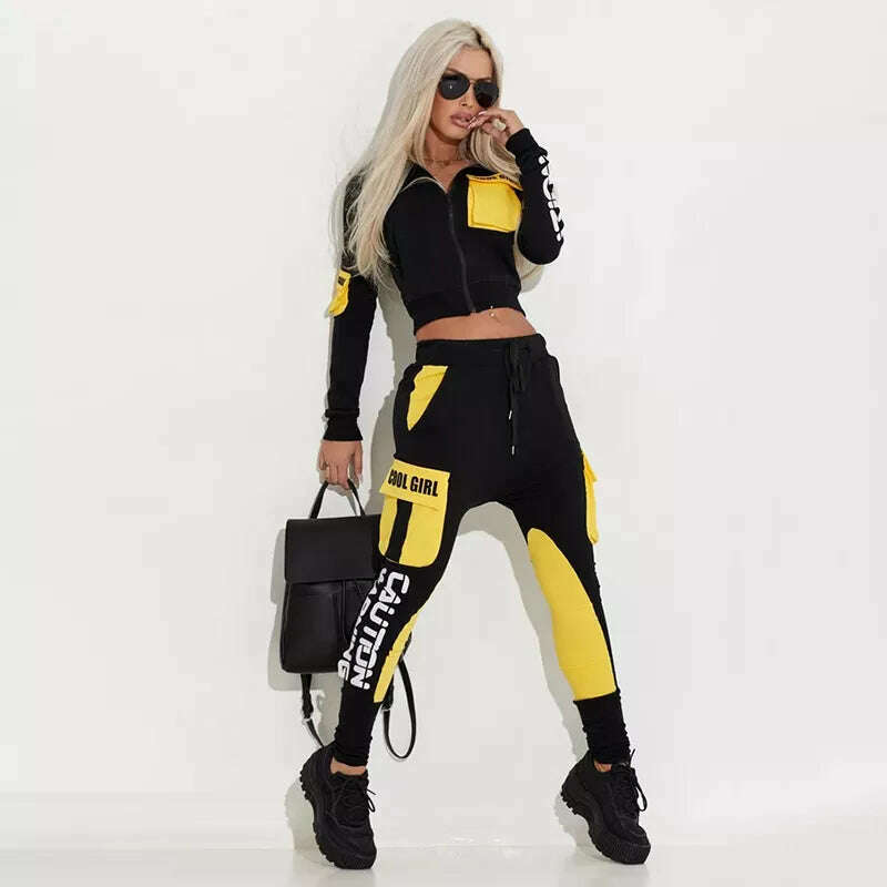 KIMLUD, Oshoplive Patchwork Pockets Zipper Jackets&Pants Stylish Suits Casual Drawstring Sweatpants Letter Print Sports Suit For Women, Black / S, KIMLUD APPAREL - Womens Clothes