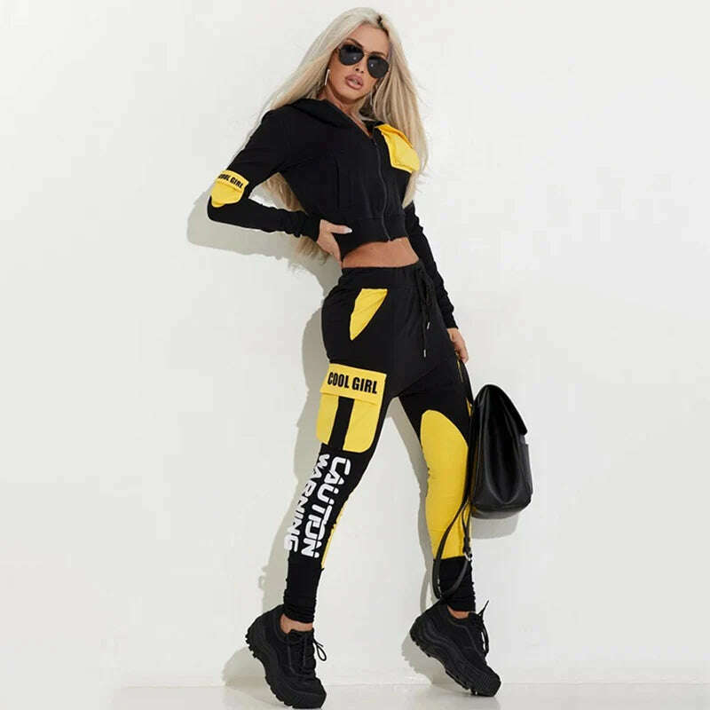 Oshoplive Patchwork Pockets Zipper Jackets&Pants Stylish Suits Casual Drawstring Sweatpants Letter Print Sports Suit For Women - KIMLUD