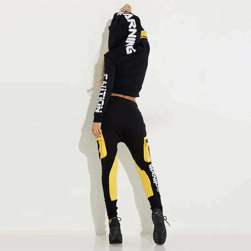 Oshoplive Patchwork Pockets Zipper Jackets&Pants Stylish Suits Casual Drawstring Sweatpants Letter Print Sports Suit For Women - KIMLUD