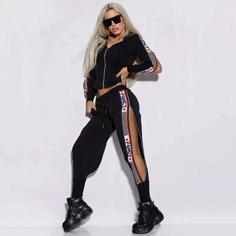 KIMLUD, Oshoplive Split-Side Hooded Jackets&amp;Pants Suits Casual Letter Print 2 Piece Set Women Zipper Gym Set Women Leisure Sportswear, BLACK / S, KIMLUD APPAREL - Womens Clothes