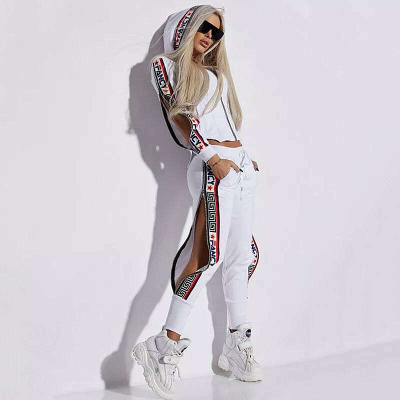 Oshoplive Split-Side Hooded Jackets&amp;Pants Suits Casual Letter Print 2 Piece Set Women Zipper Gym Set Women Leisure Sportswear - KIMLUD