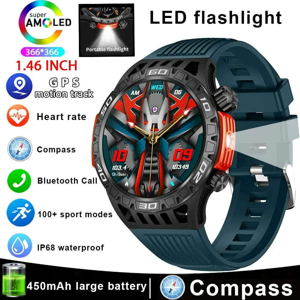 Outdoor Compass Smart Watch Men LED Flashlight Heart Rate Blood Pressure Health Monitoring Watches Bluetooth Call Smartwatch Man - KIMLUD