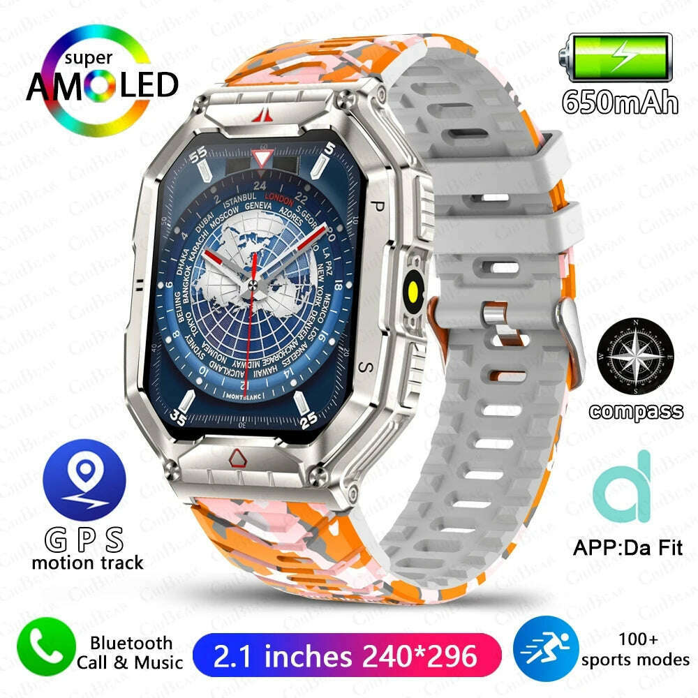 KIMLUD, Outdoor Sports Compass Smart Watch GPS Tracking 650Mah Battery 1ATM Waterproof Voice Assistant Bluetooth Call Smartｗatch for Men, Orange camouflage, KIMLUD APPAREL - Womens Clothes