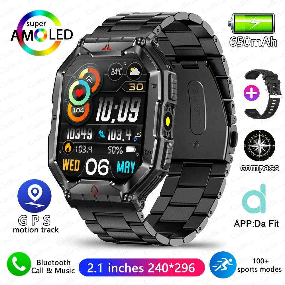 KIMLUD, Outdoor Sports Compass Smart Watch GPS Tracking 650Mah Battery 1ATM Waterproof Voice Assistant Bluetooth Call Smartｗatch for Men, black steel, KIMLUD APPAREL - Womens Clothes