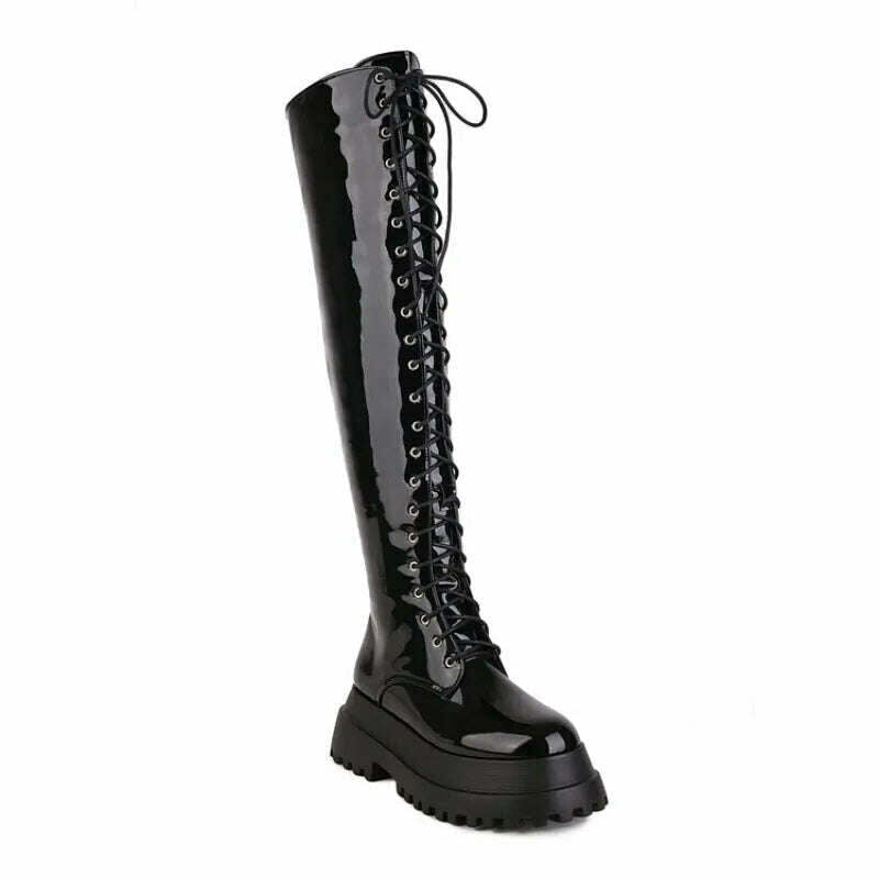 KIMLUD, Over-the-Knee Lace-up Christmas womens fashion boots Big size Glossy fabric side zips Carnival boots waterproof boots women, Black patent leather / 35, KIMLUD APPAREL - Womens Clothes