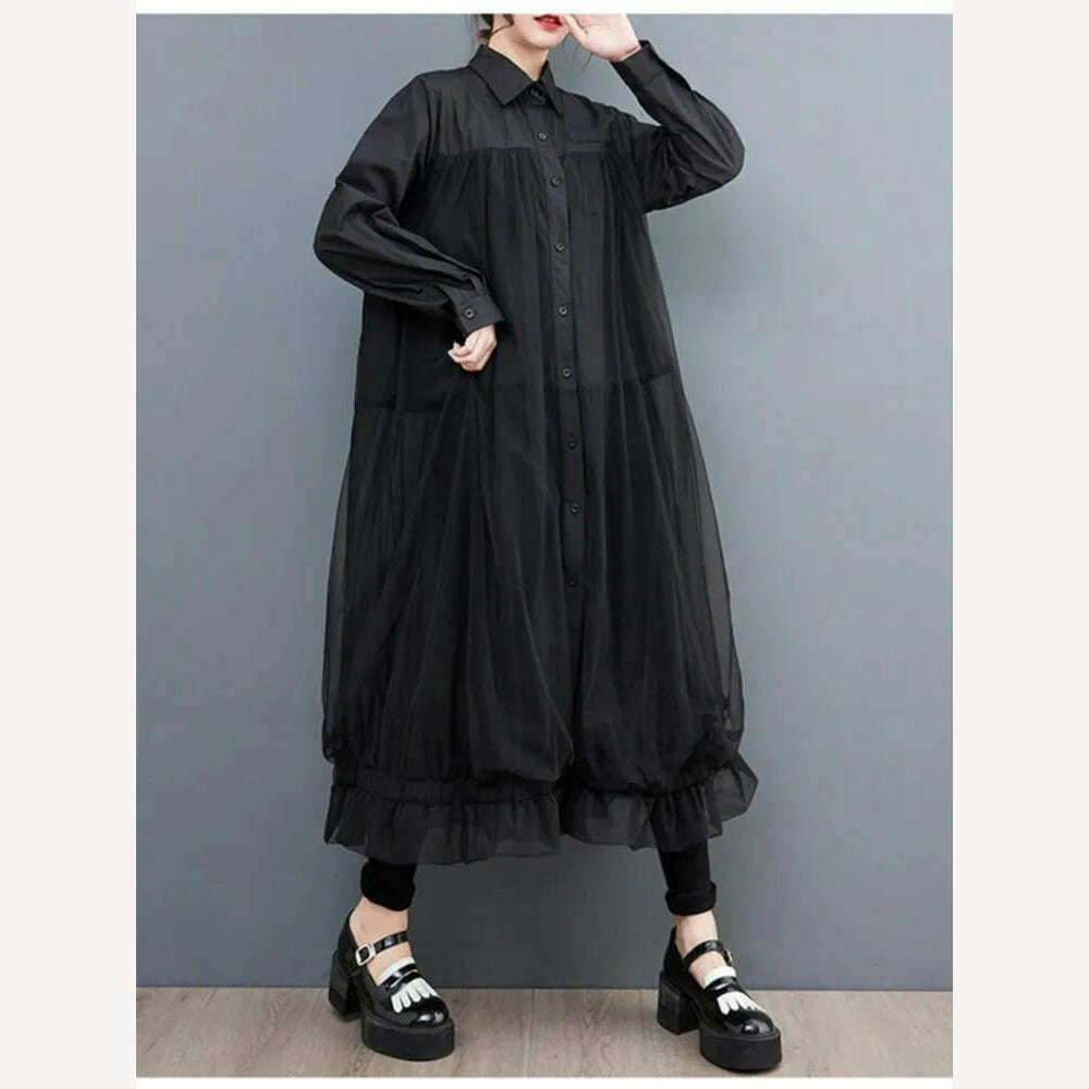 KIMLUD, Oversized Autumn Shirt Long Dress Women Mesh Patchwork Long Sleeve Ladies Dresses Fashion Casual Loose Dress Woman 2023, KIMLUD Womens Clothes