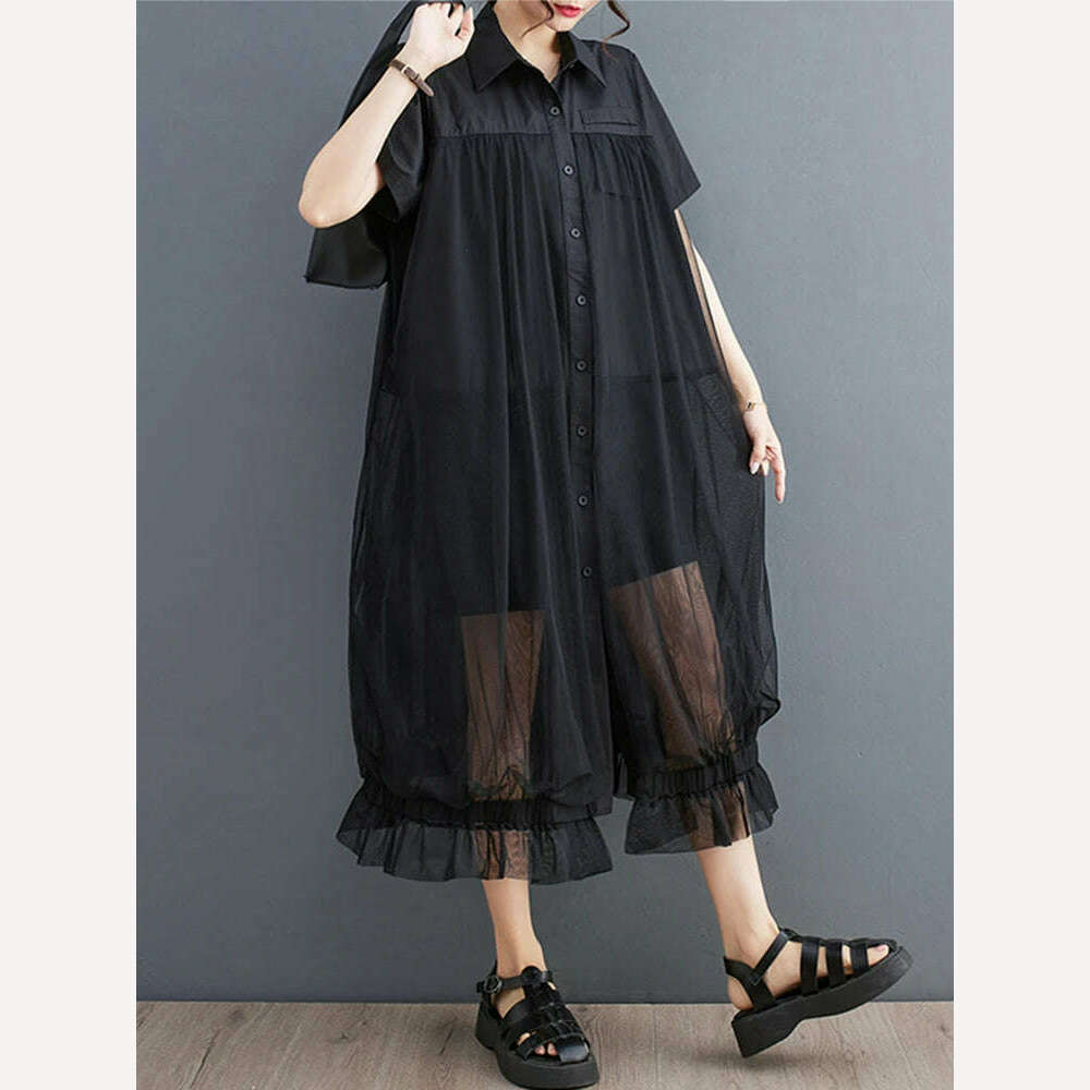 KIMLUD, Oversized Autumn Shirt Long Dress Women Mesh Patchwork Long Sleeve Ladies Dresses Fashion Casual Loose Dress Woman 2023, Black Short Sleeve / Fit L-3XL, KIMLUD APPAREL - Womens Clothes