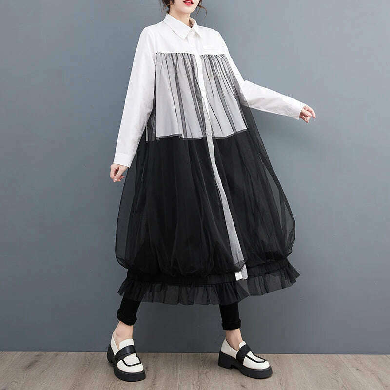 KIMLUD, Oversized Autumn Shirt Long Dress Women Mesh Patchwork Long Sleeve Ladies Dresses Fashion Casual Loose Dress Woman 2023, White Long Sleeve / One Size, KIMLUD APPAREL - Womens Clothes