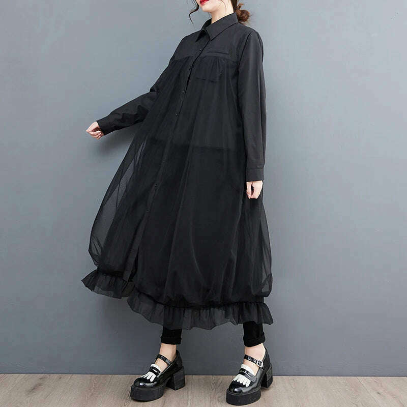 KIMLUD, Oversized Autumn Shirt Long Dress Women Mesh Patchwork Long Sleeve Ladies Dresses Fashion Casual Loose Dress Woman 2023, Black Long Sleeve / One Size, KIMLUD APPAREL - Womens Clothes