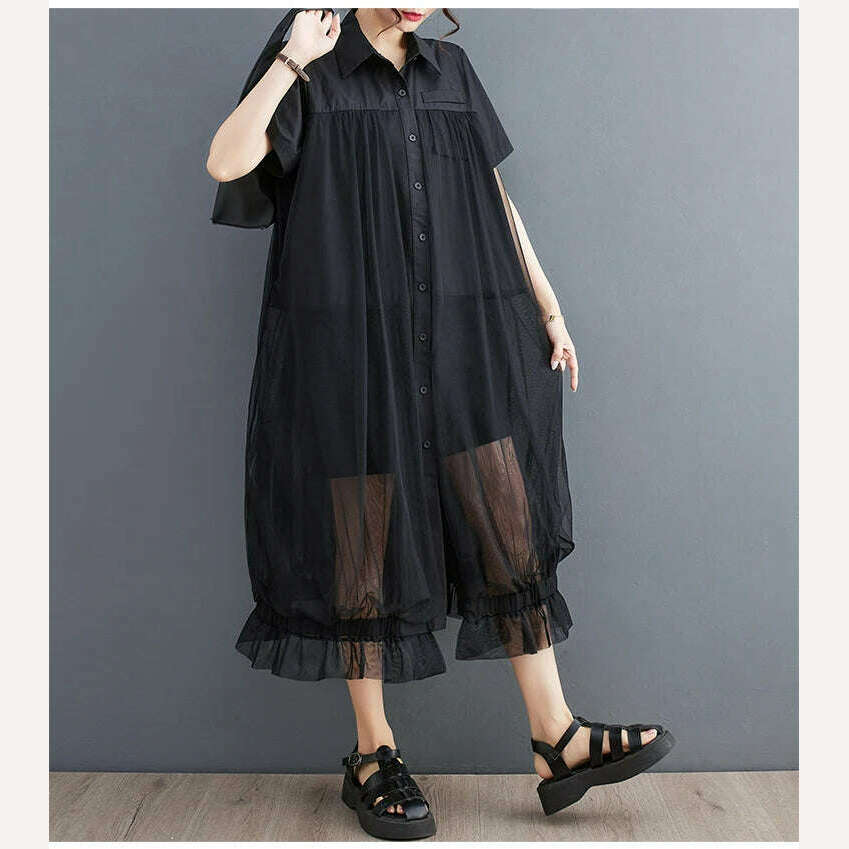 KIMLUD, Oversized Autumn Shirt Long Dress Women Mesh Patchwork Long Sleeve Ladies Dresses Fashion Casual Loose Dress Woman 2023, KIMLUD Womens Clothes