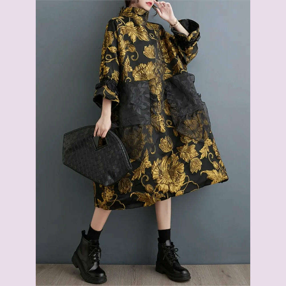 KIMLUD, Oversized Autumn Winter Midi Dress Women Patchwork Fashion Chinese Style Flower Ladies Dresses Pleated Loose Woman Dress 2023, KIMLUD Womens Clothes