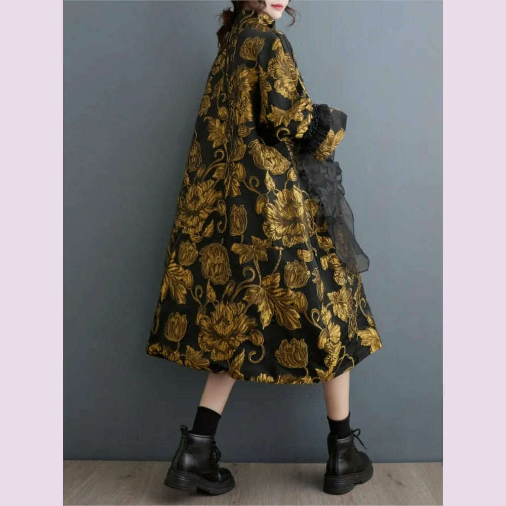 KIMLUD, Oversized Autumn Winter Midi Dress Women Patchwork Fashion Chinese Style Flower Ladies Dresses Pleated Loose Woman Dress 2023, KIMLUD Womens Clothes