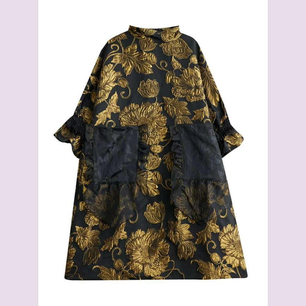 KIMLUD, Oversized Autumn Winter Midi Dress Women Patchwork Fashion Chinese Style Flower Ladies Dresses Pleated Loose Woman Dress 2023, KIMLUD Womens Clothes