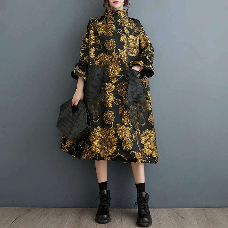 KIMLUD, Oversized Autumn Winter Midi Dress Women Patchwork Fashion Chinese Style Flower Ladies Dresses Pleated Loose Woman Dress 2023, Black Dress / One Size, KIMLUD APPAREL - Womens Clothes