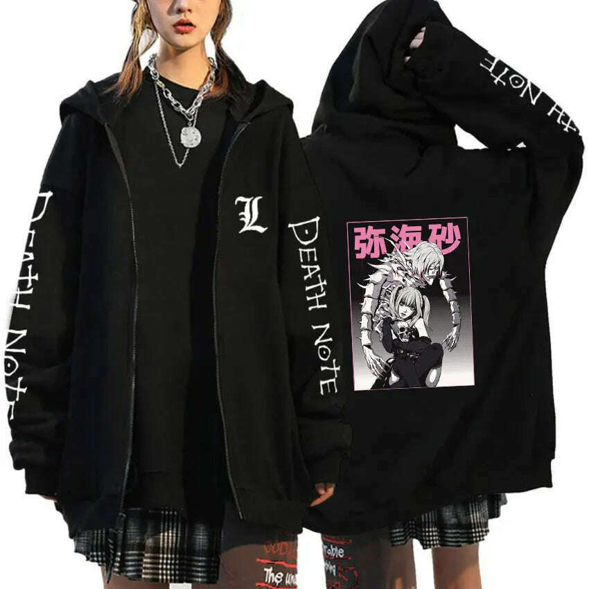 KIMLUD, Oversized Hoodie Death Note Zip Up Hoodie Moletom Feminino Casual Streetwear Sweatshirts Vetement Homme Anime Tops Jackets, Black -16 / M, KIMLUD APPAREL - Womens Clothes