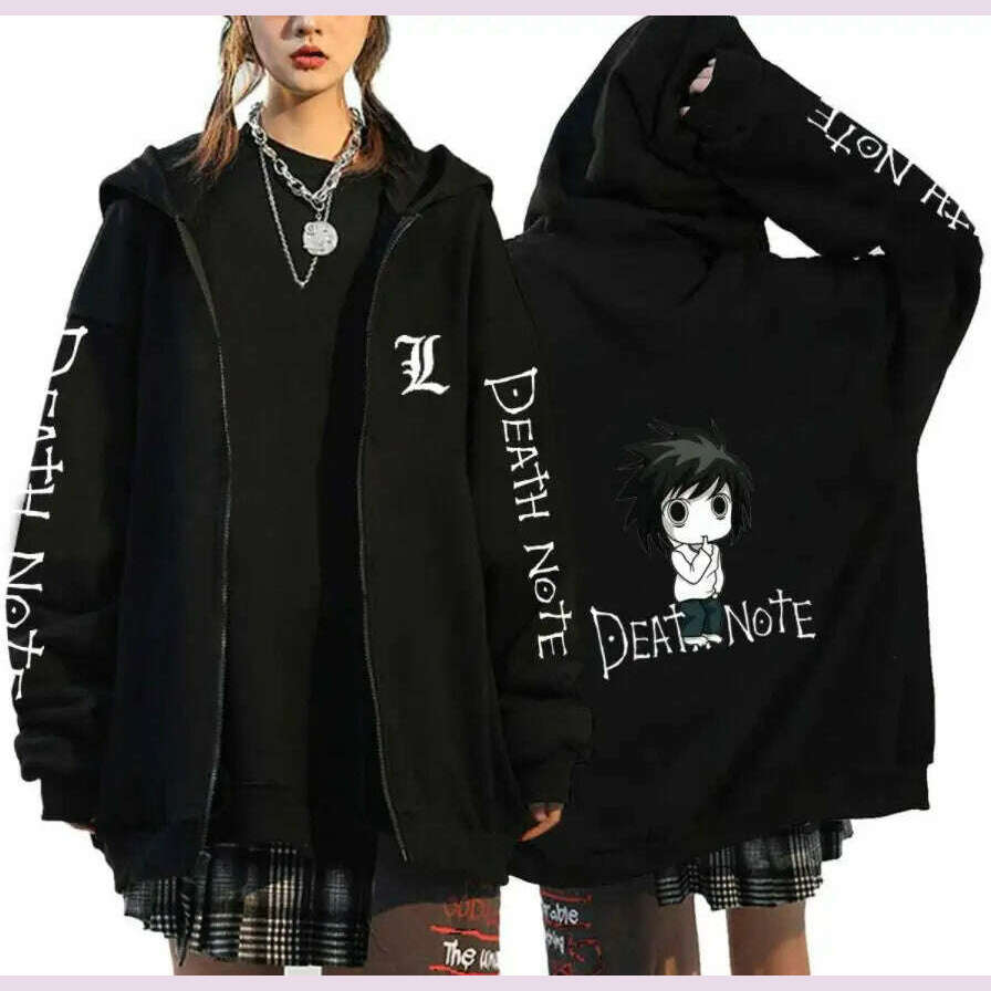 KIMLUD, Oversized Hoodie Death Note Zip Up Hoodie Moletom Feminino Casual Streetwear Sweatshirts Vetement Homme Anime Tops Jackets, Black -9 / M, KIMLUD APPAREL - Womens Clothes