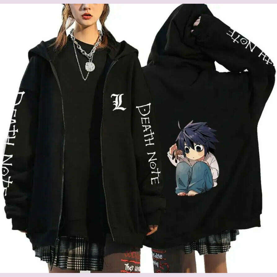 KIMLUD, Oversized Hoodie Death Note Zip Up Hoodie Moletom Feminino Casual Streetwear Sweatshirts Vetement Homme Anime Tops Jackets, Black -8 / M, KIMLUD APPAREL - Womens Clothes