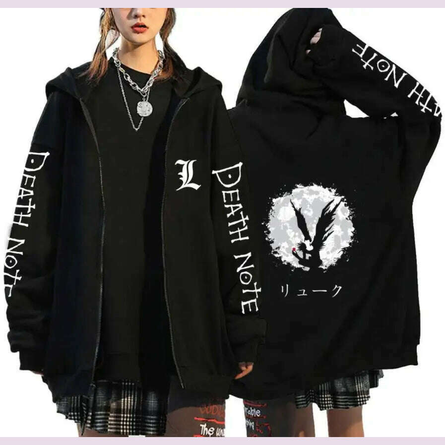 KIMLUD, Oversized Hoodie Death Note Zip Up Hoodie Moletom Feminino Casual Streetwear Sweatshirts Vetement Homme Anime Tops Jackets, Black -13 / M, KIMLUD APPAREL - Womens Clothes