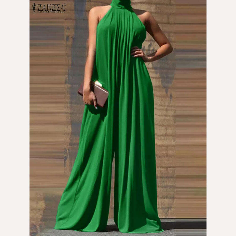 KIMLUD, Oversized ZANZEA Fashion Women Jumpsuits 2023 Summer Pleated Wide Leg Overalls Casual Solid Sleeveless Loose Button Up Rompers, A-Green / S, KIMLUD APPAREL - Womens Clothes