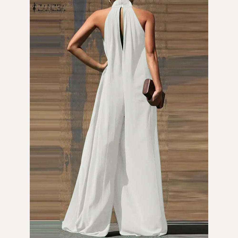 Oversized ZANZEA Fashion Women Jumpsuits 2023 Summer Pleated Wide Leg Overalls Casual Solid Sleeveless Loose Button Up Rompers - KIMLUD