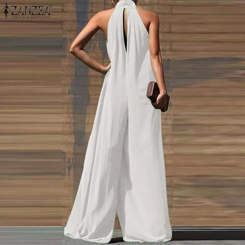 Oversized ZANZEA Fashion Women Jumpsuits 2023 Summer Pleated Wide Leg Overalls Casual Solid Sleeveless Loose Button Up Rompers - KIMLUD