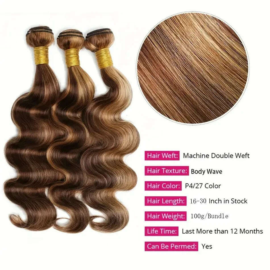 KIMLUD, P4/27 Highlight Body Wave Bundles Ombre Blonde Human Hair Bundles Extensions Wavy 100% Brazilian Remy Human Hair 3 Bundles Weave, KIMLUD Womens Clothes