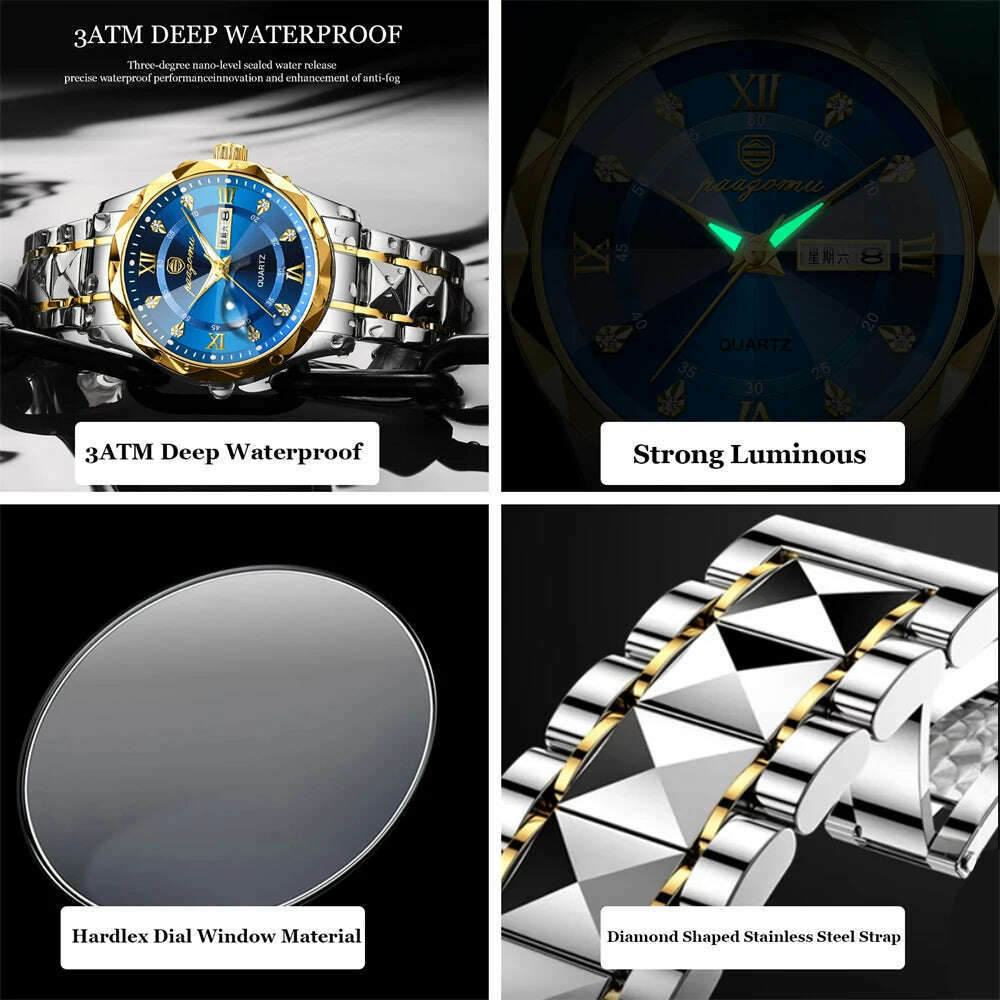 KIMLUD, PAAZOMU Luxury Men Watches Business Top Brand Man Wristwatch Waterproof Luminous Date Week Quartz Men's Watch High Quality+Box, KIMLUD Womens Clothes