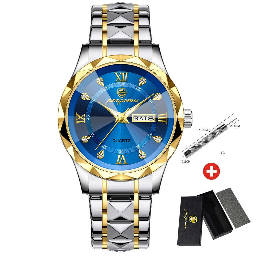 KIMLUD, PAAZOMU Luxury Men Watches Business Top Brand Man Wristwatch Waterproof Luminous Date Week Quartz Men's Watch High Quality+Box, Gold Blue, KIMLUD APPAREL - Womens Clothes