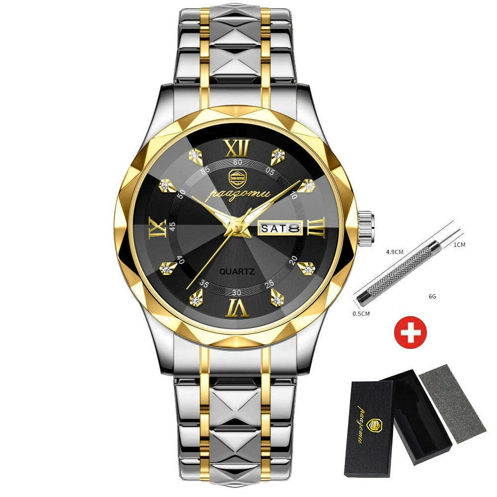 KIMLUD, PAAZOMU Luxury Men Watches Business Top Brand Man Wristwatch Waterproof Luminous Date Week Quartz Men's Watch High Quality+Box, Gold Black, KIMLUD APPAREL - Womens Clothes