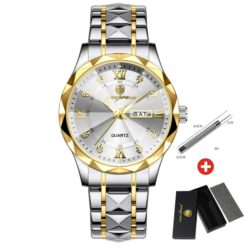 KIMLUD, PAAZOMU Luxury Men Watches Business Top Brand Man Wristwatch Waterproof Luminous Date Week Quartz Men's Watch High Quality+Box, Gold White, KIMLUD APPAREL - Womens Clothes