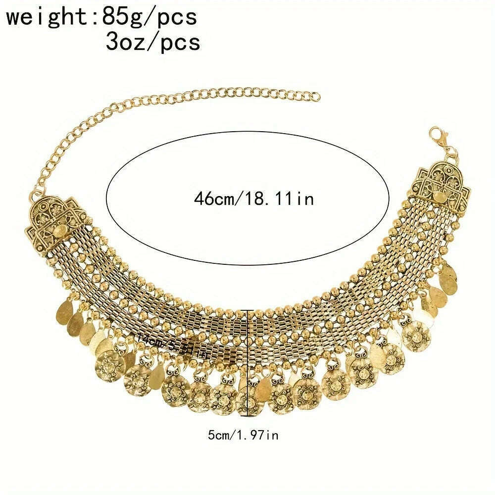 KIMLUD, Pakistan Turkish Ethnic Coin Choker Necklace Earrings for Women Vintage Gypsy Indian Afghan Dress Collar Statement Jewelry Sets, KIMLUD Womens Clothes